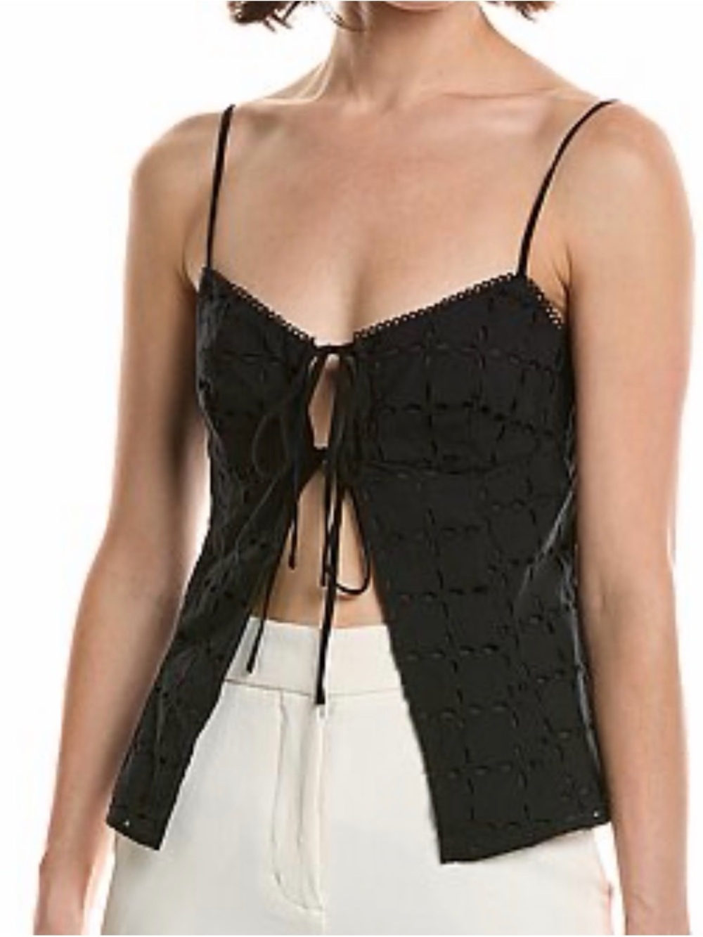 Black Eyelet Tie-Front Spaghetti Strap Top